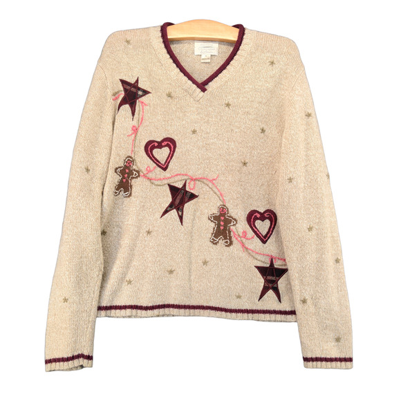 Christopher & Banks Hand Embroidered Sweater Womens Size M Tan Wool Blend - Picture 1 of 12